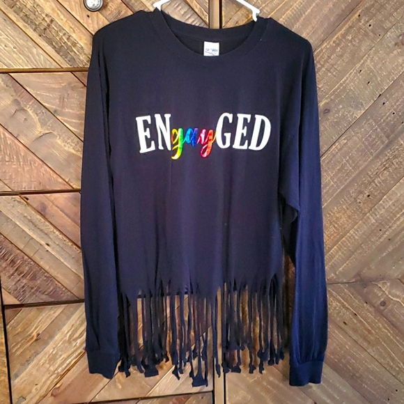 Gildan Tops - (2) enGAYged vinyl decal long sleeve. One fringed.